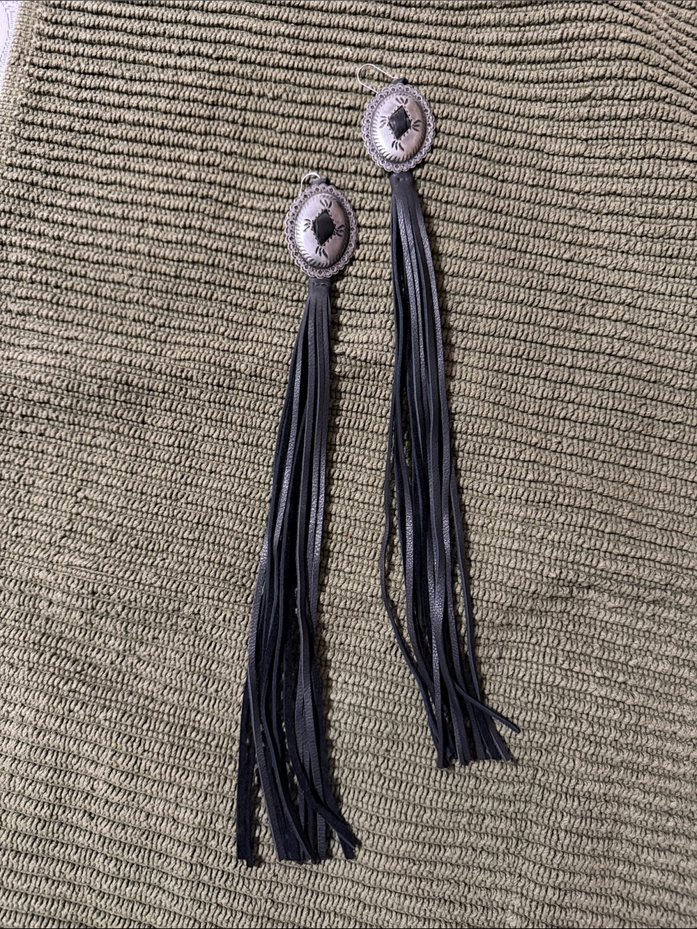 Saddle Tramp Long Black Tassel Earrings with Silver Concho Tops